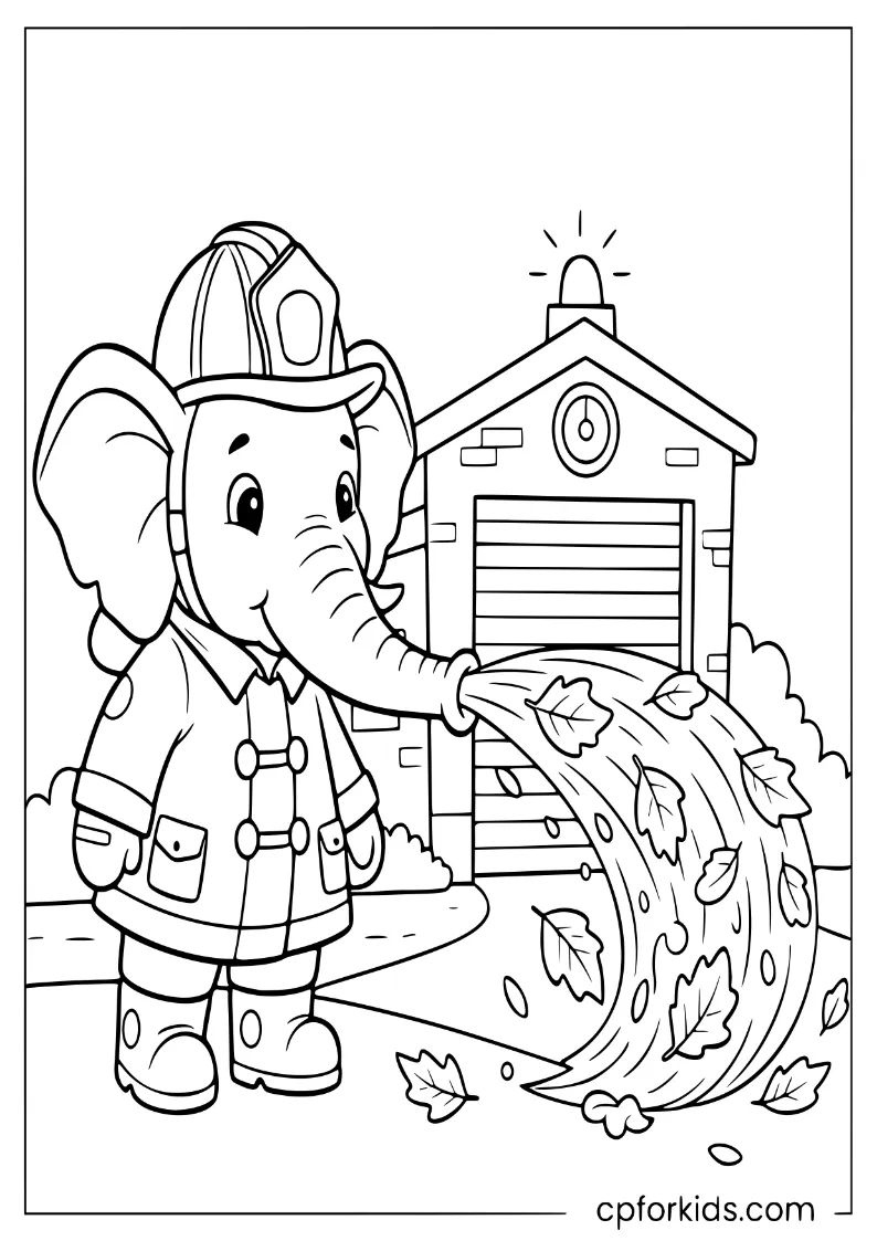 An elephant firefighter using its trunk to clear fallen leaves