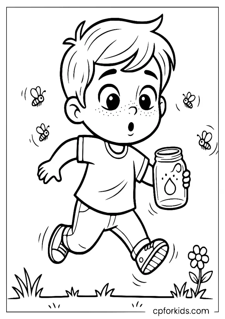 Clumsy boy chasing fireflies in the garden at night coloring page