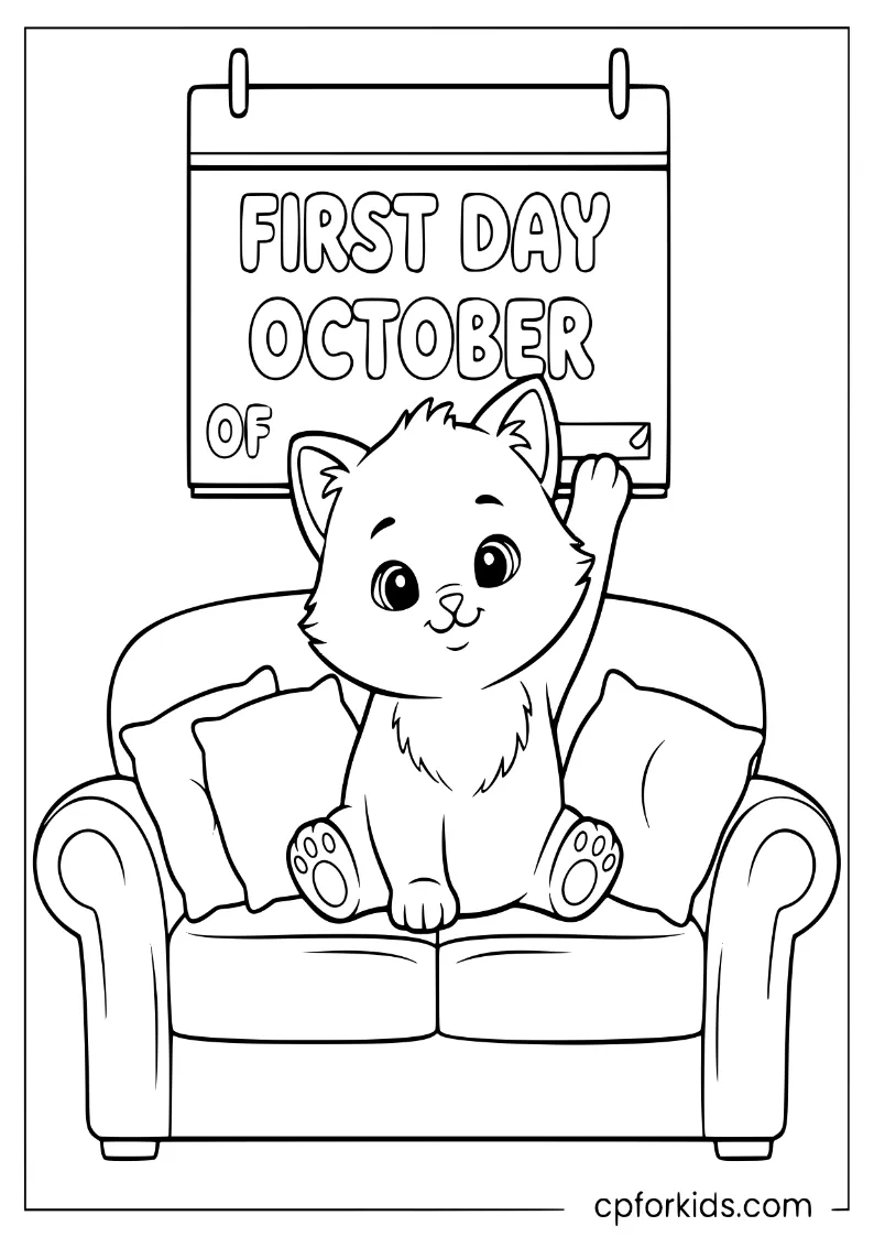 A fluffy kitten pointing to the first day of October coloring page on a large calendar