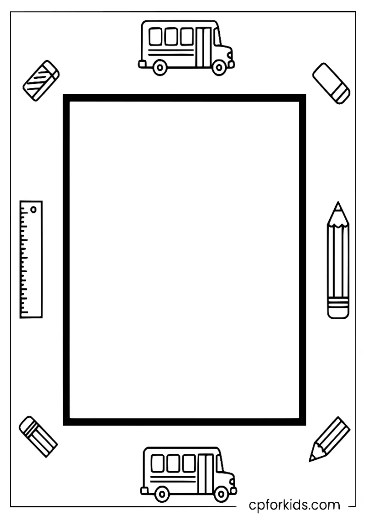 School themed frame for a first day portrait coloring page for kids