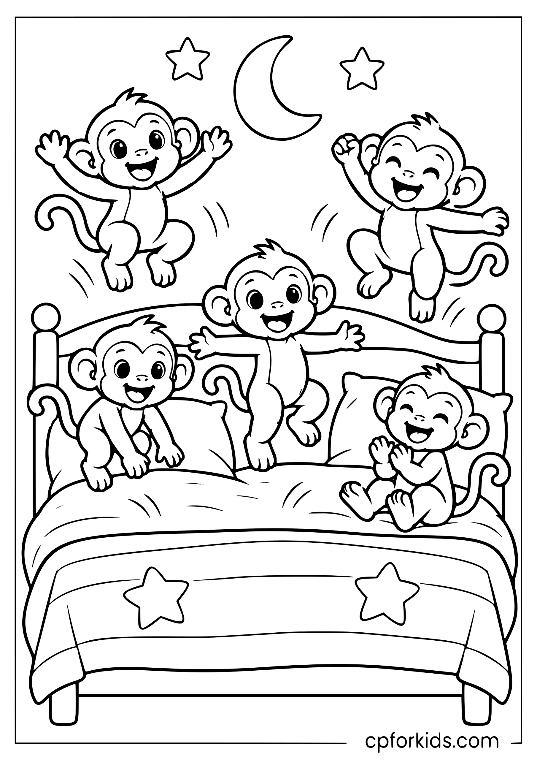 Five little monkeys jumping together on one bed