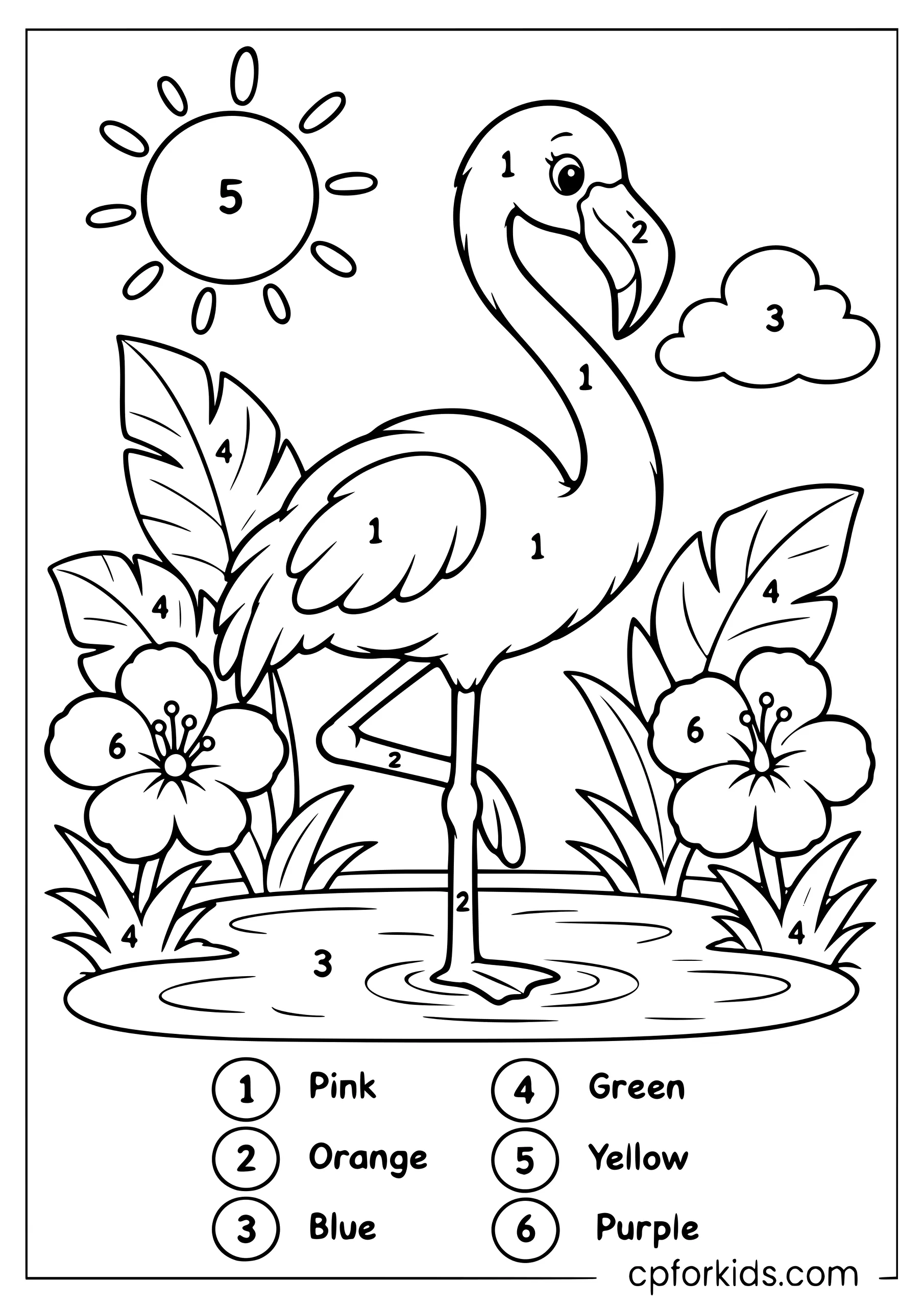 Flamingo standing in numbered pond scene with flowers and sun