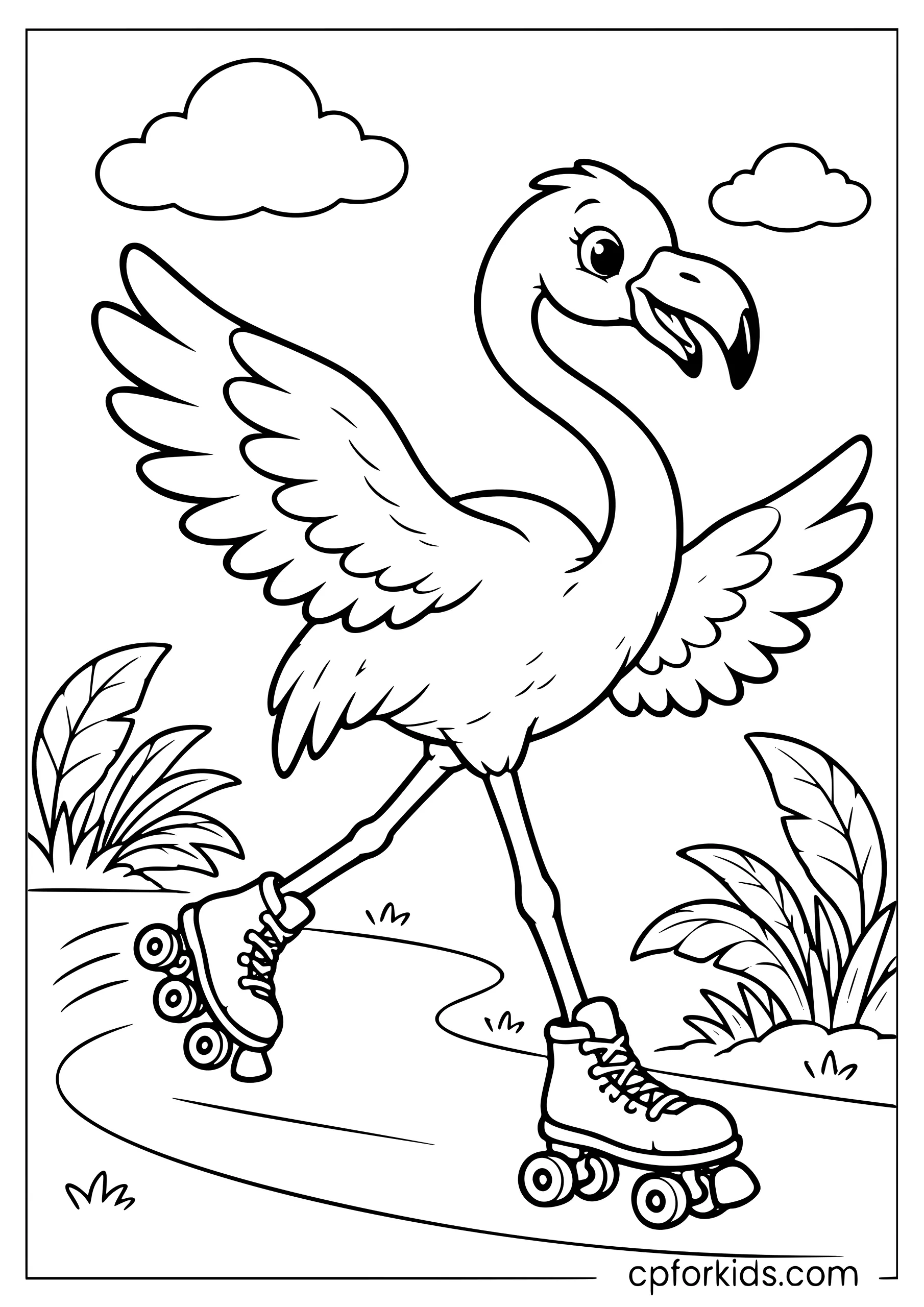 Cartoon flamingo roller skating past tropical plants