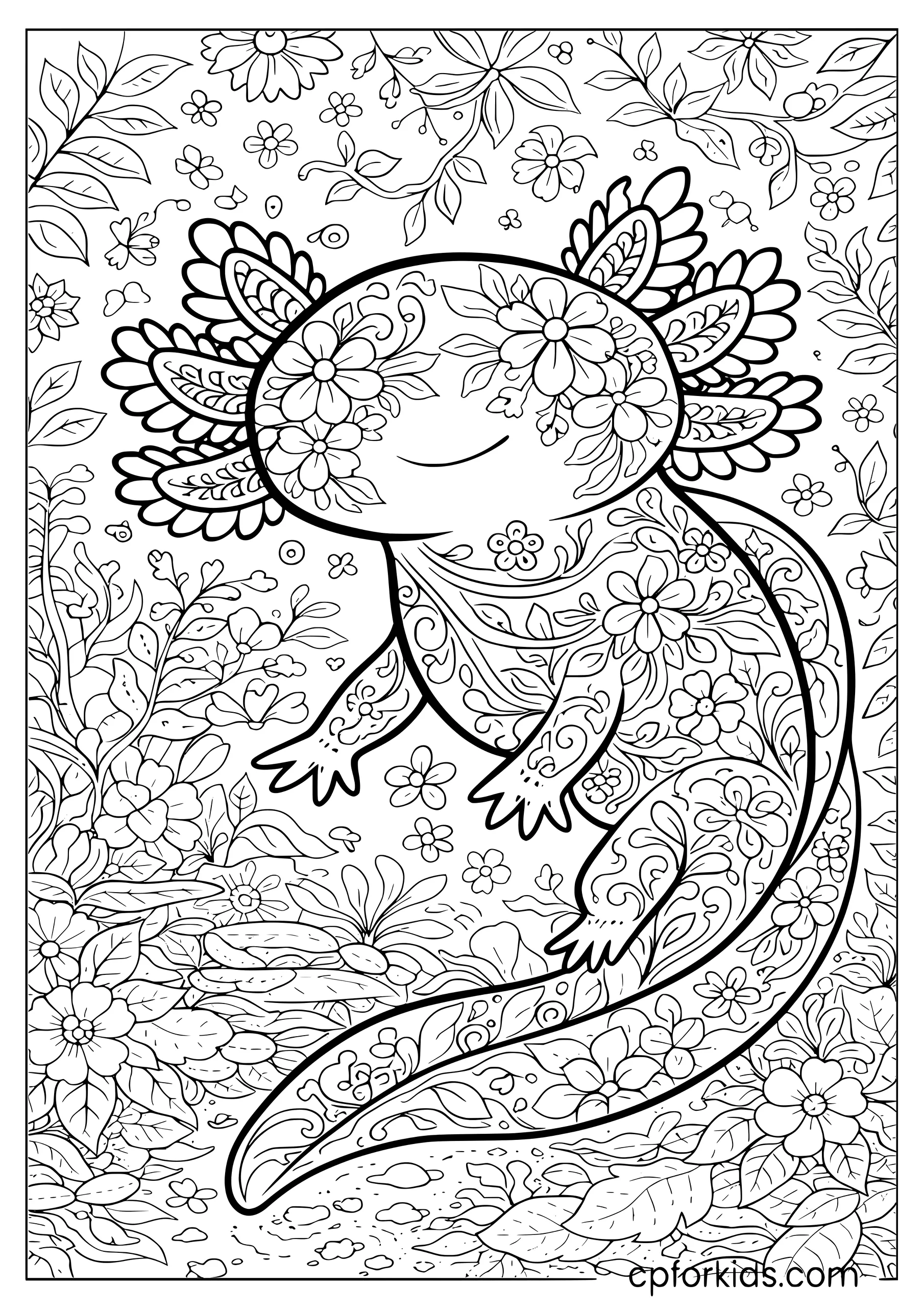 Floral Axolotl Coloring Page for Adults