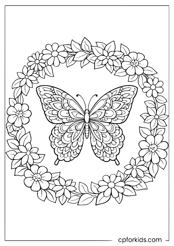 Floral mandala butterfly coloring page with a circular flower wreath