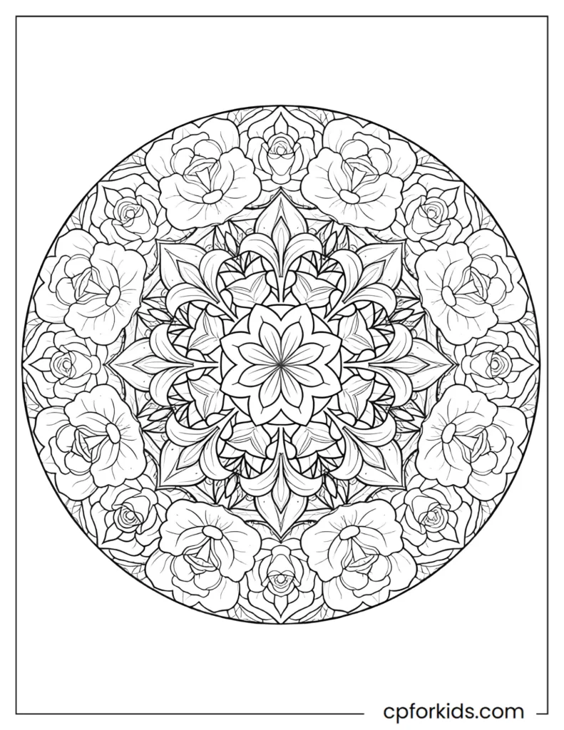 Floral Mandala Coloring Pages Floral mandala coloring page featuring symmetrical flower patterns, printable black and white line art