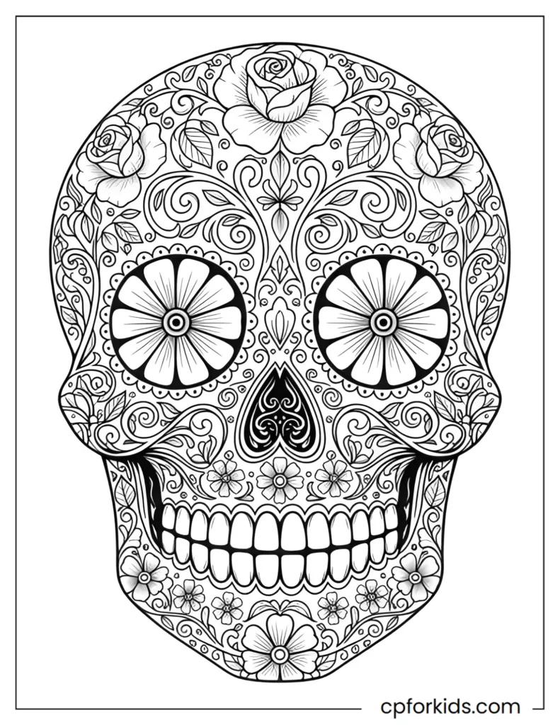 Floral Sugar Skull Coloring Pages Floral sugar skull coloring page designed with layered flower petals and flowing vine patterns in detailed black and white line art.