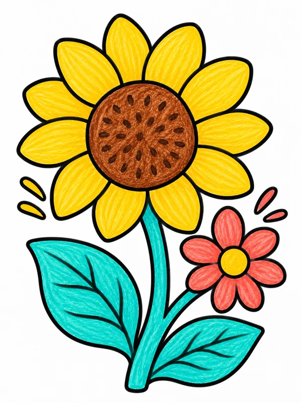 Golden sunflower and coral daisy with broad green leaves