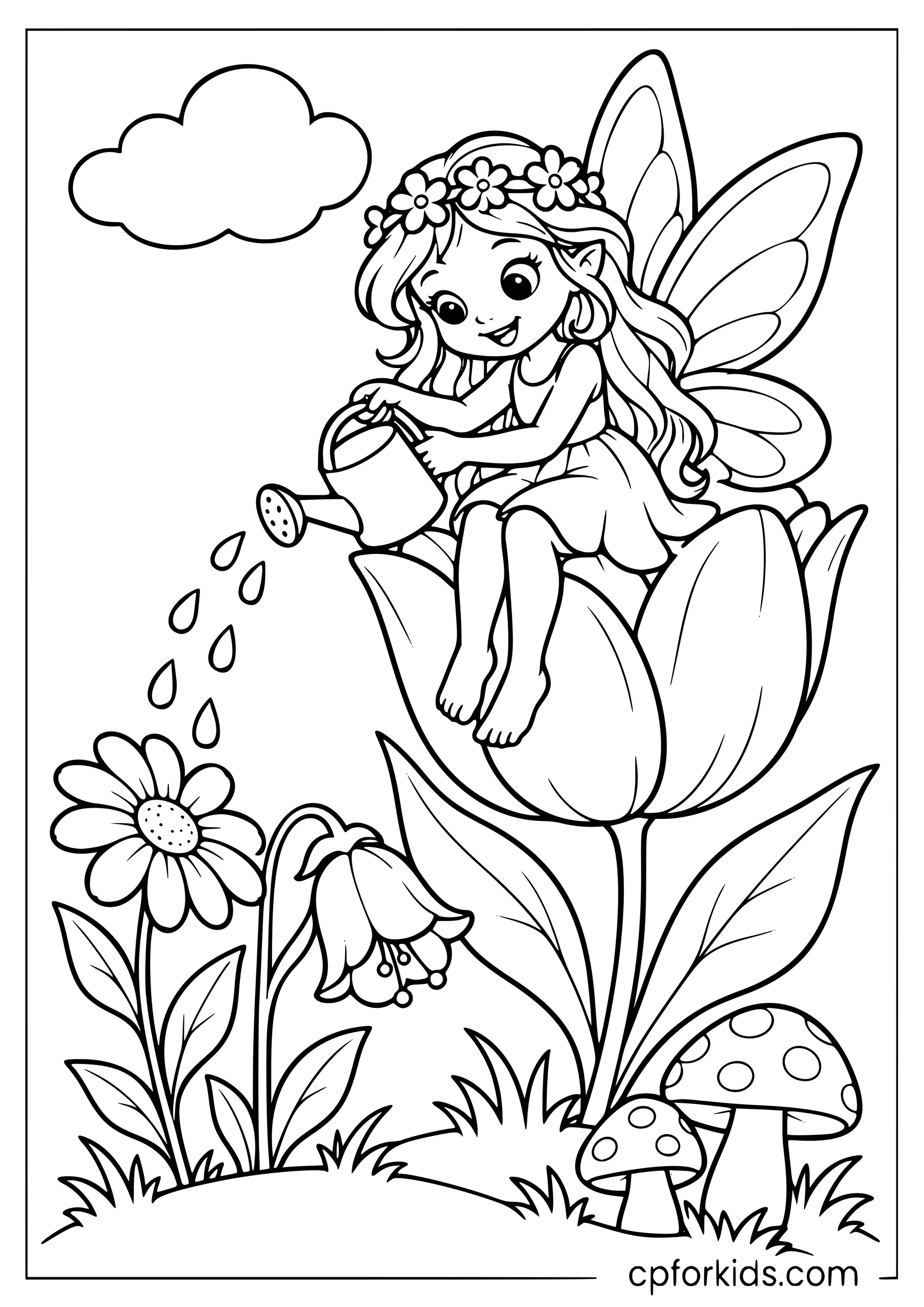Fairy watering two flowers while seated on a tulip