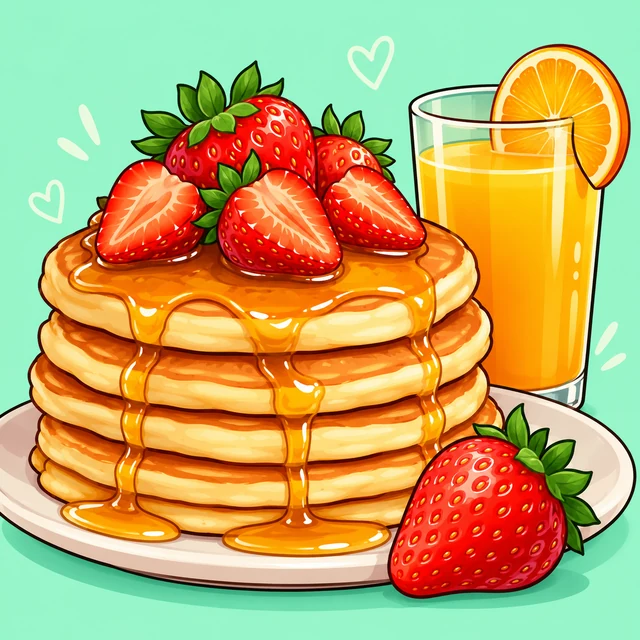 Strawberry pancakes beside a glass of orange juice