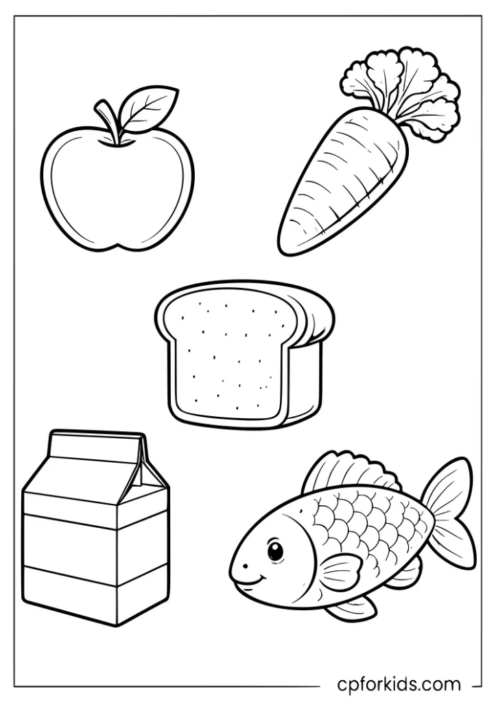 Food groups coloring worksheet page for kindergarten kids