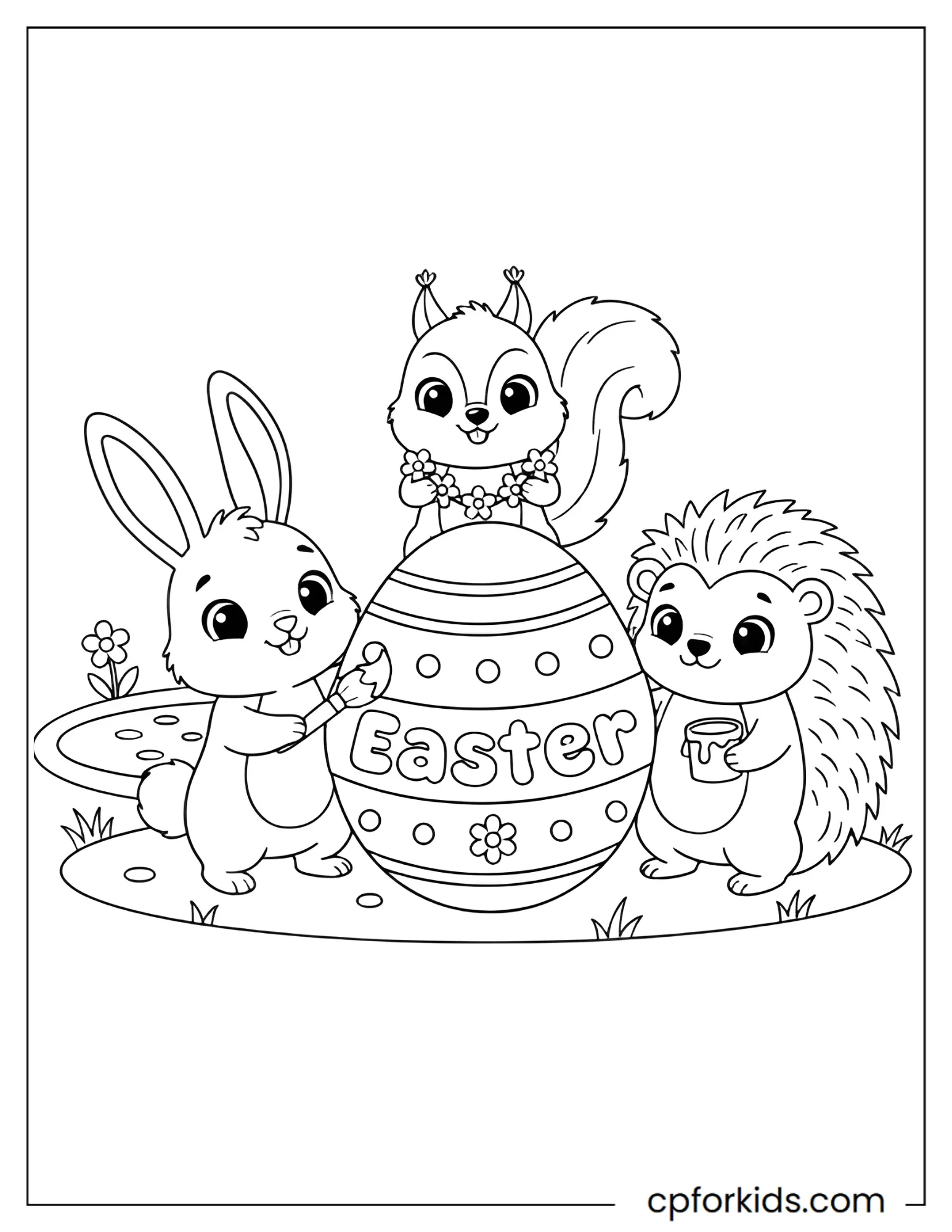 Forest animals working together to paint one giant Easter egg