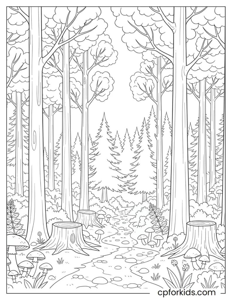 Forest and woodland coloring pages featuring trees, forest paths, and peaceful natural scenery.