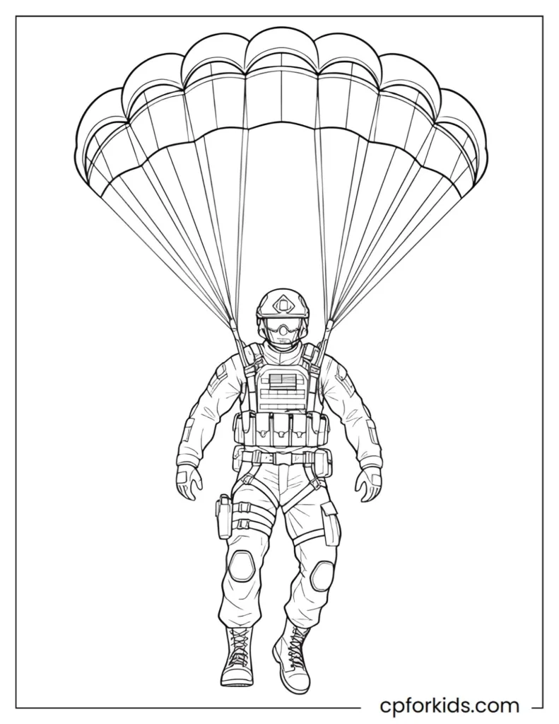 Fortnite Battle Royale Coloring Pages Fortnite coloring page of a heroic soldier gliding into battle, black and white line art.