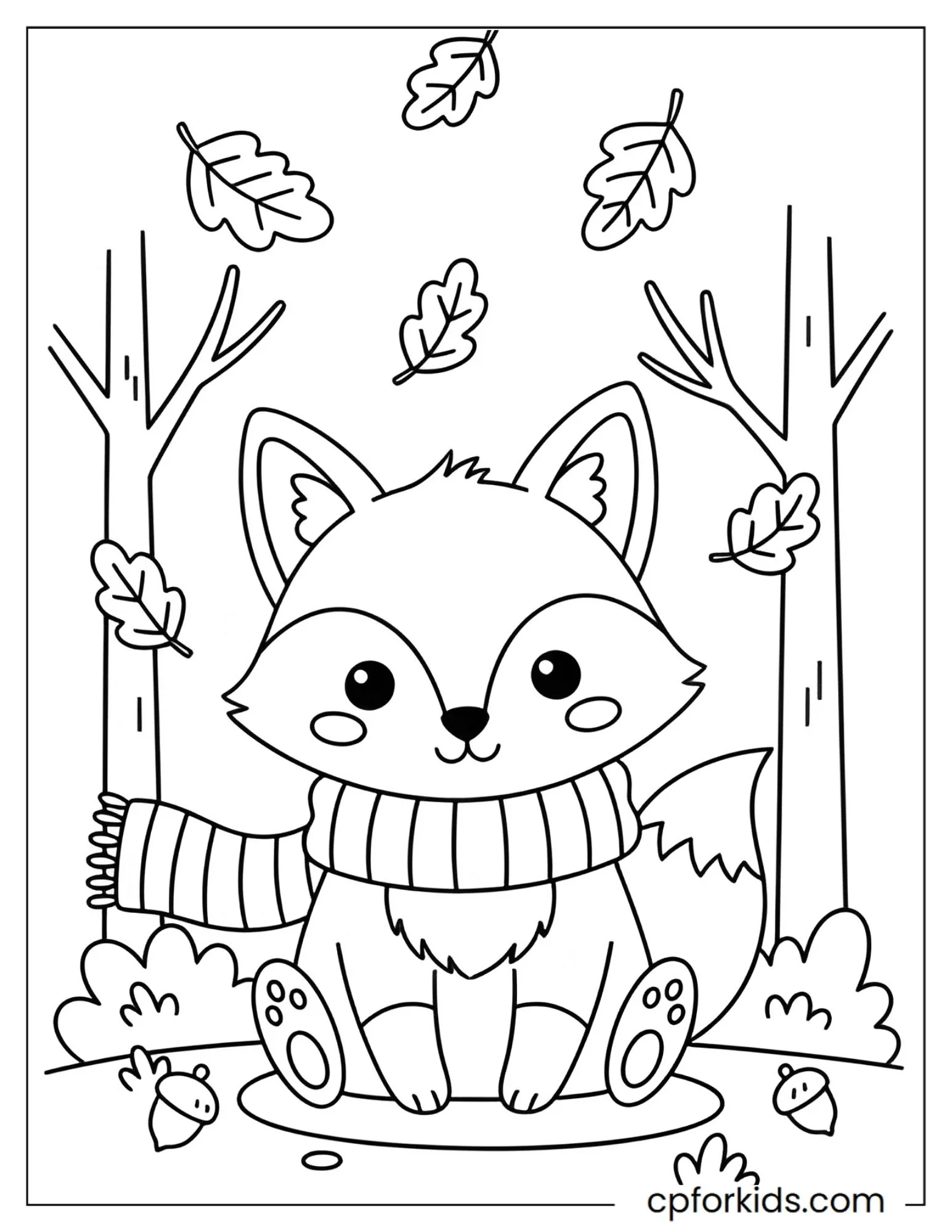 Fox wearing a scarf as autumn leaves fall around it