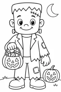 A friendly Frankenstein monster holding Halloween candy
