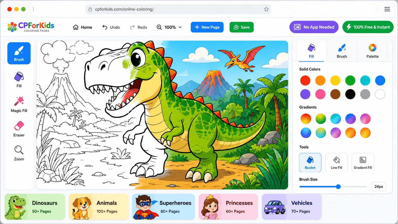 CPForKids online coloring tool showing a dinosaur coloring page and color tools