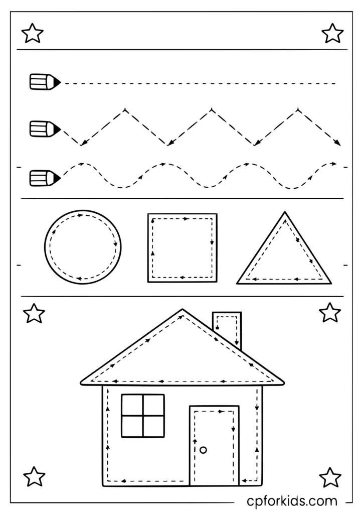 Free printable tracing coloring page with shapes animals and lines for kids