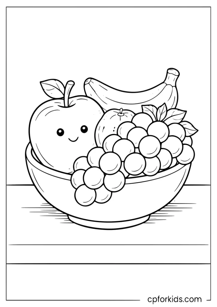 Fresh fruit bowl healthy food coloring page for kids