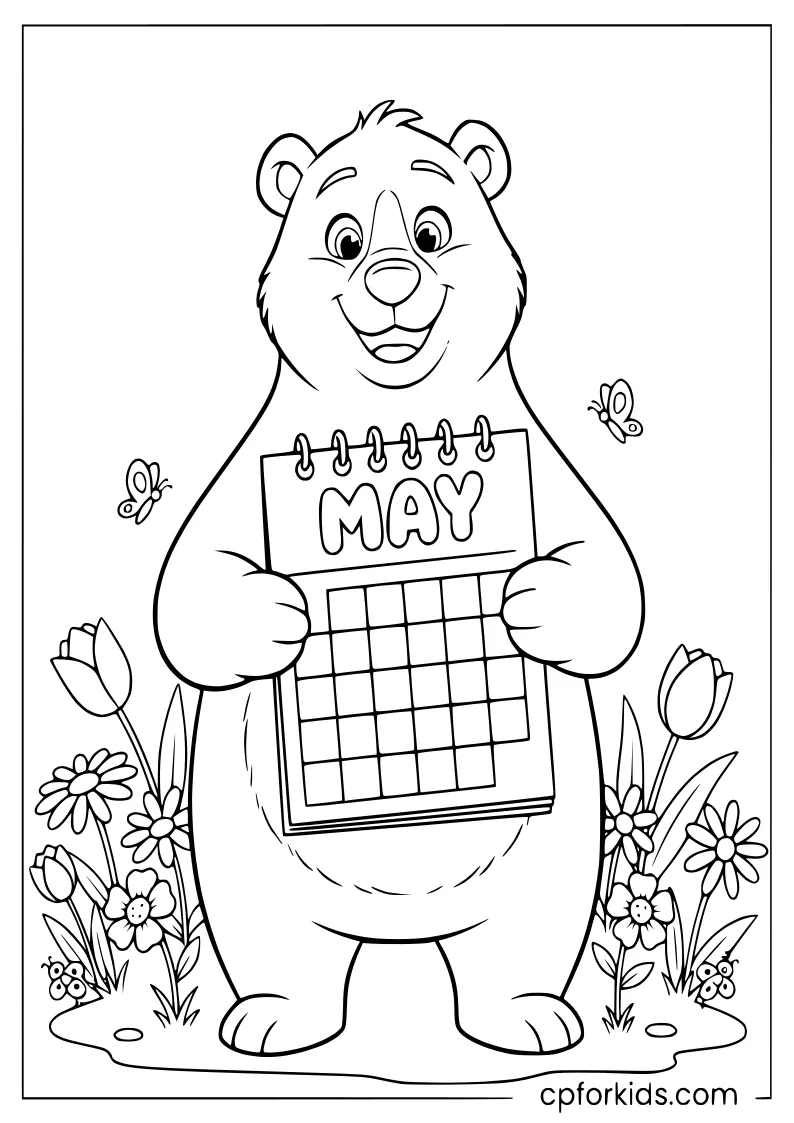 Friendly bear holding a May calendar page