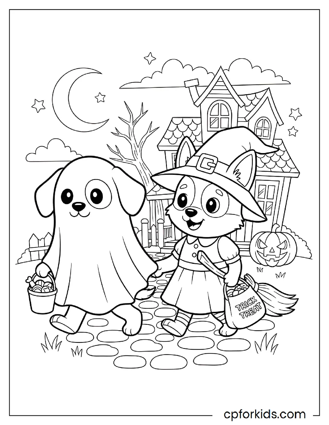 Two dogs wearing Halloween costumes together