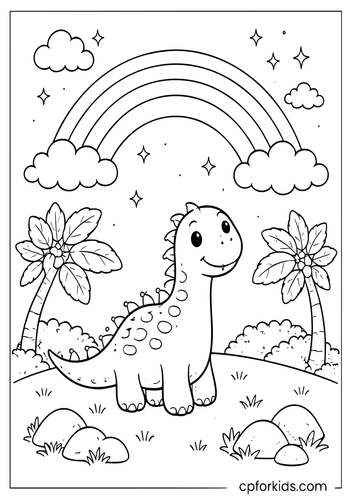 Friendly dinosaur standing under a rainbow