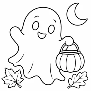 Friendly ghost holding a pumpkin bucket beside two leaves