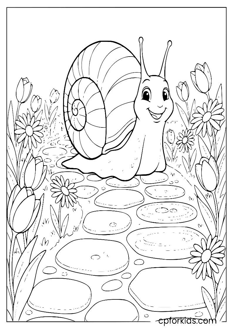 Friendly snail crawling through May flowers