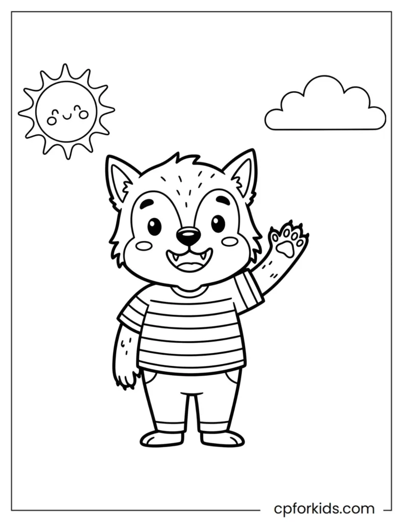 Friendly smiling werewolf waving, very simple and easy line art coloring page for young kids.
