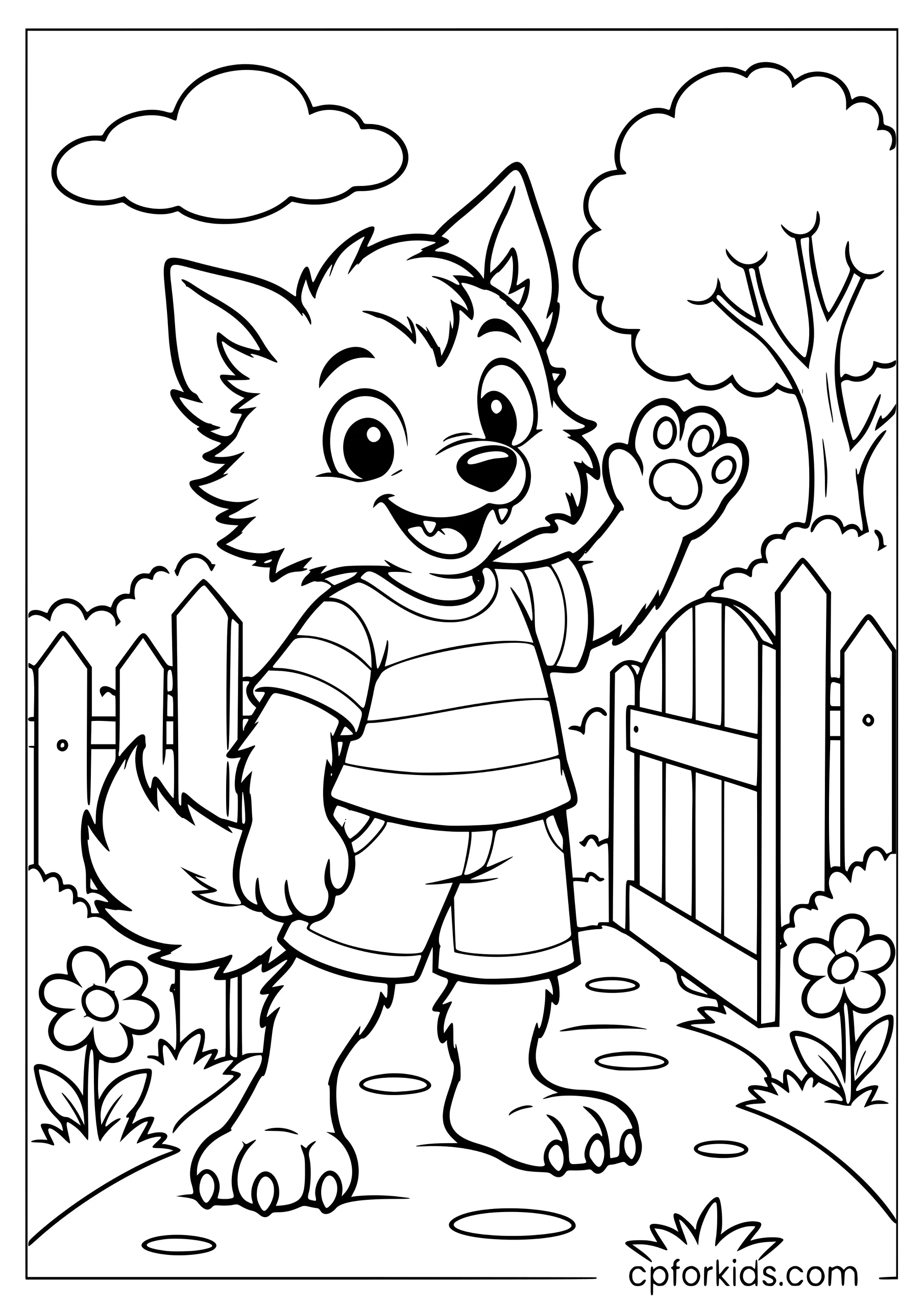 Smiling werewolf waving beside an open garden gate