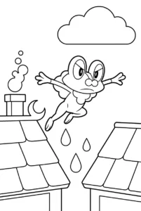 Froakie jumping between rooftops beneath a rainy cloud