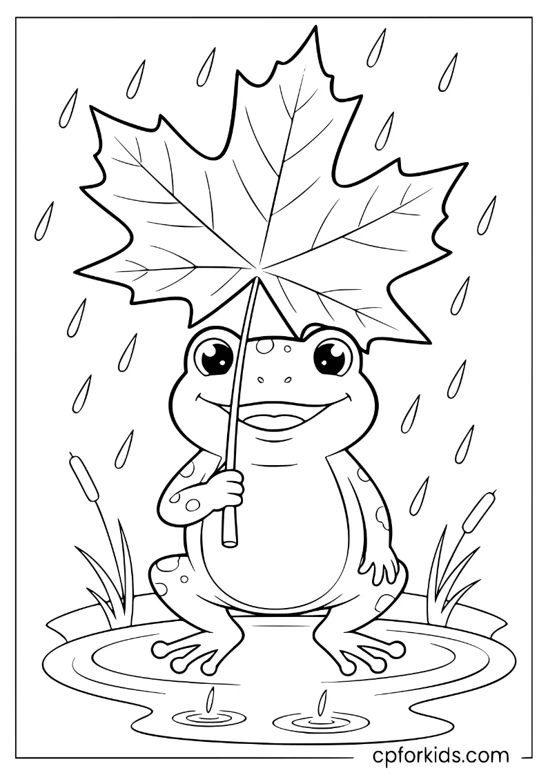 Frog holding a leaf as an umbrella