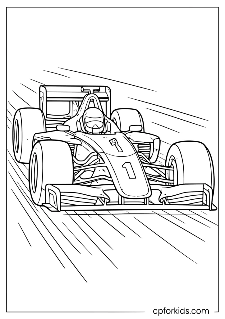 Front-facing Formula 1 race car coloring page for kids