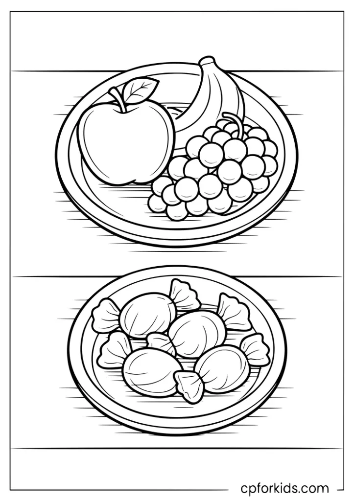 Fruit bowl and candy bowl healthy and unhealthy food coloring page