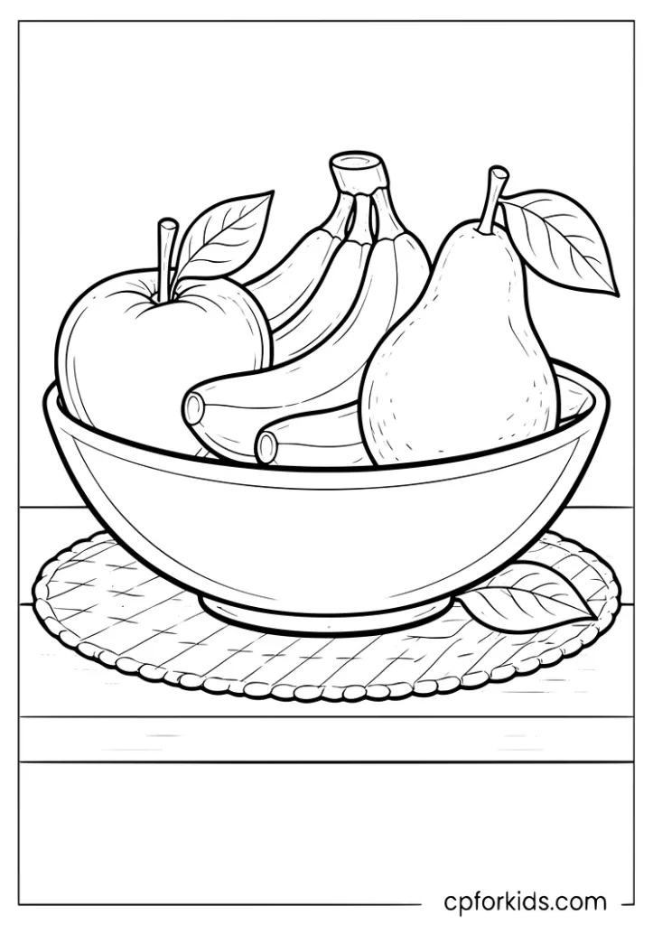 Fruit bowl with apple, banana, and pear coloring page