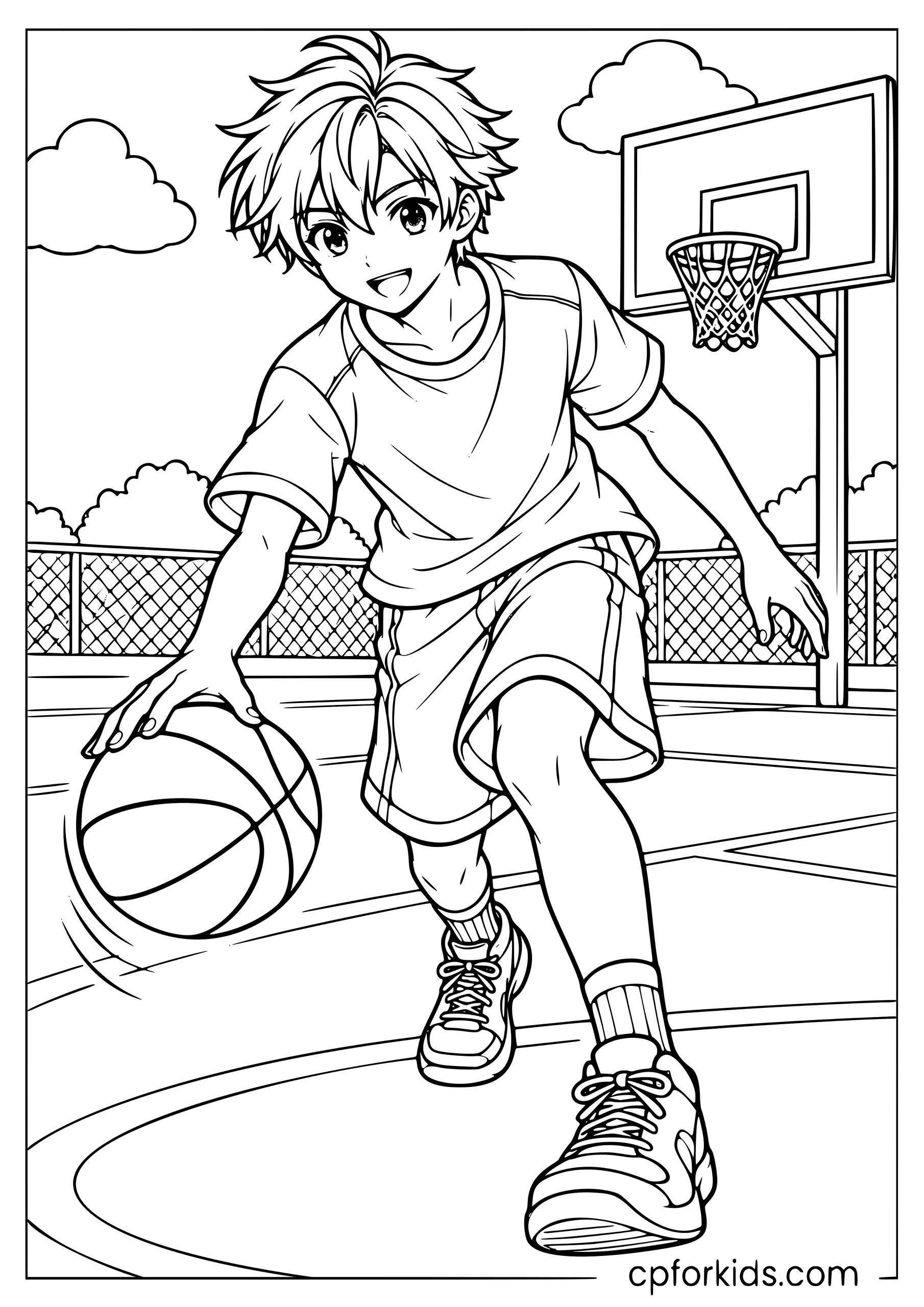 Full-body anime boy dribbling a basketball beside a hoop