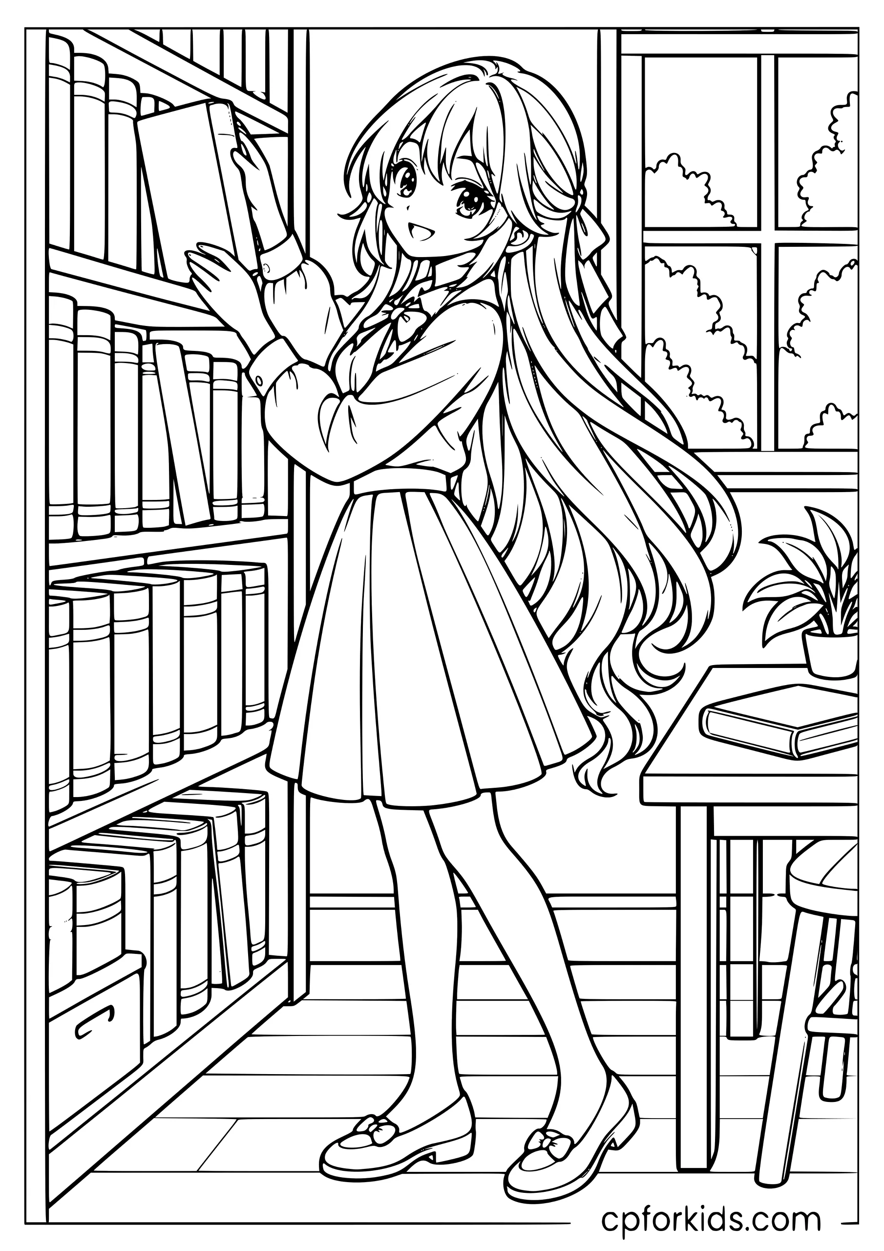 Full-body long-haired anime girl reaching for a library book