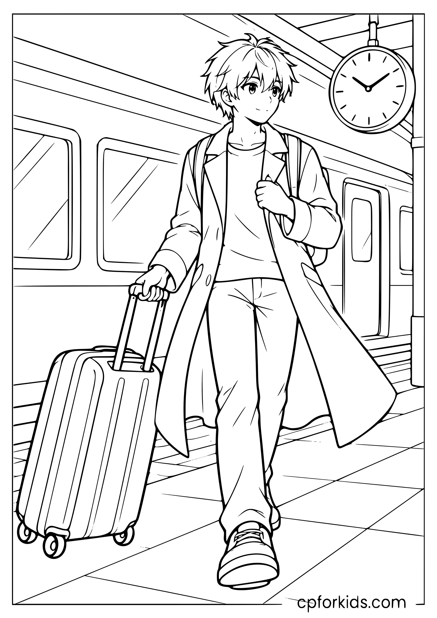 Full-body anime boy pulling a suitcase along a station platform