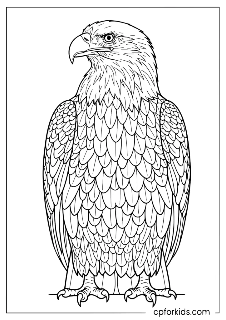 Highly detailed full-body eagle portrait coloring page for adults