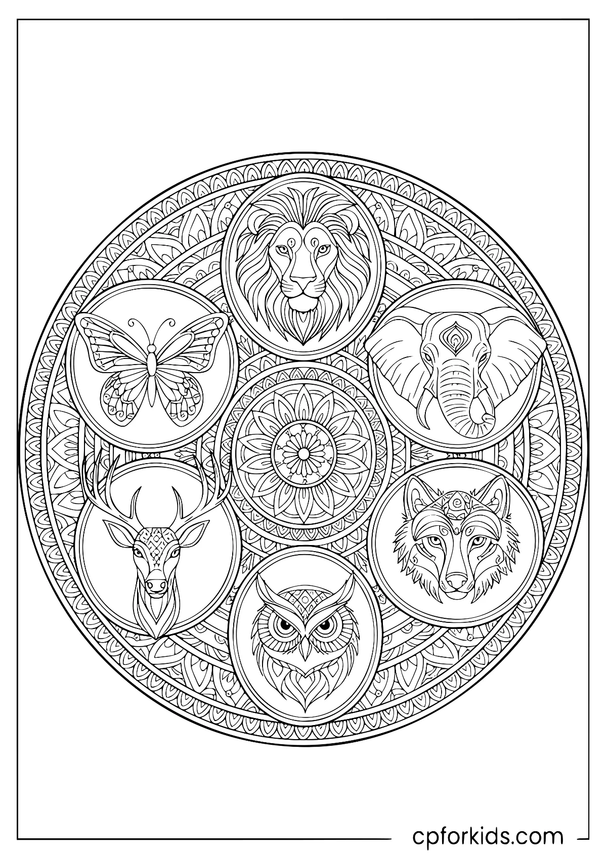 Lion, elephant, wolf, owl, deer and butterfly mandala