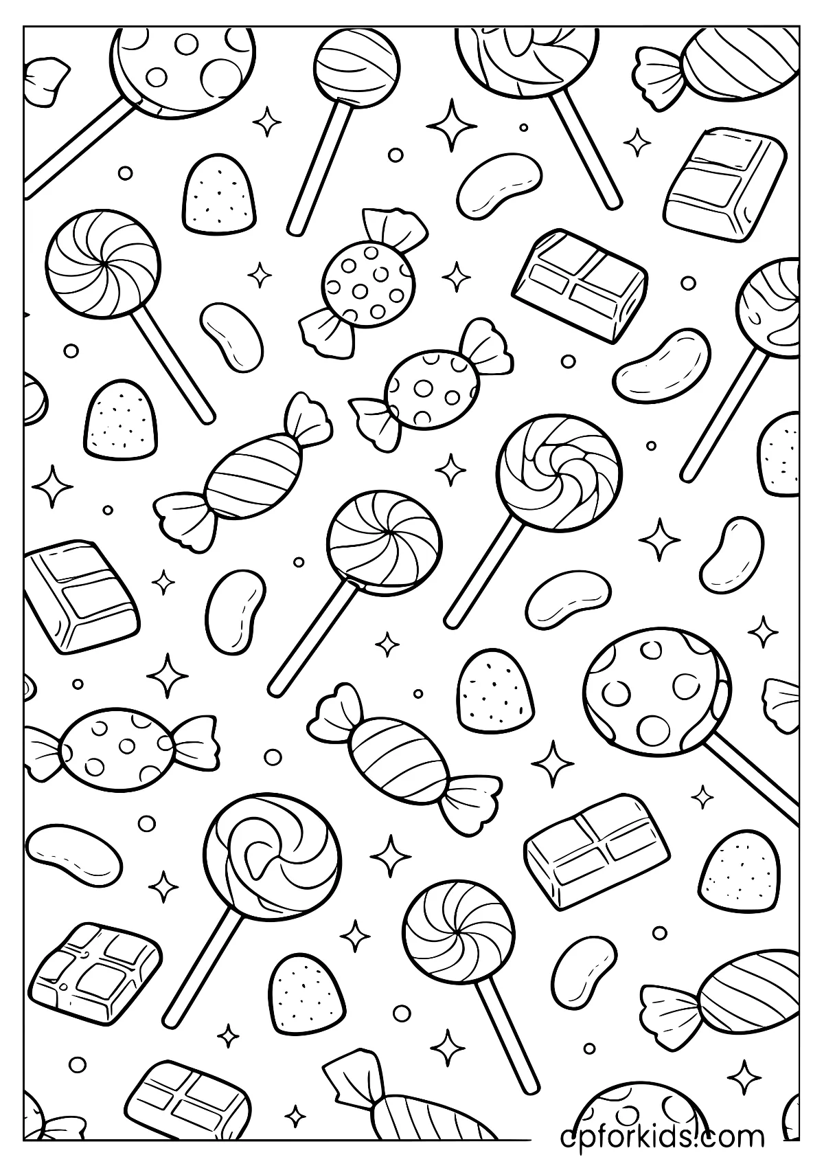 Assorted candy shapes filling the whole page in a repeating pattern