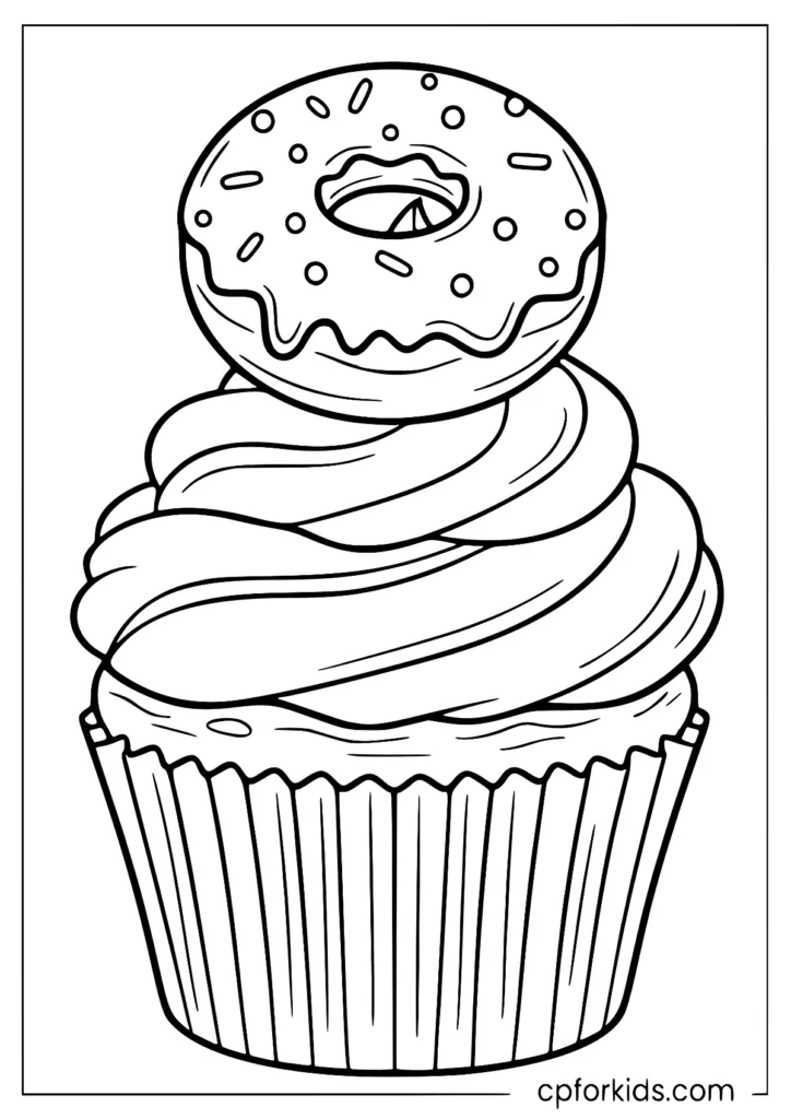 Cupcake topped with miniature donut and extra sprinkles