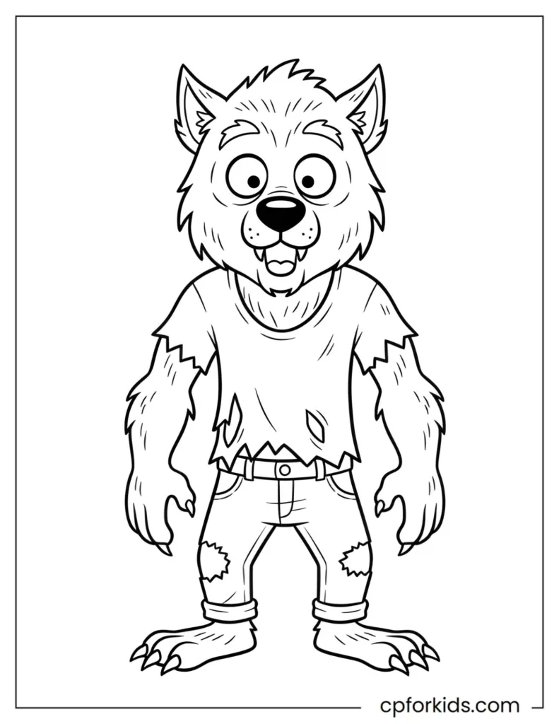 Funny cartoon werewolf wearing a ripped shirt and jeans, easy coloring page for children.