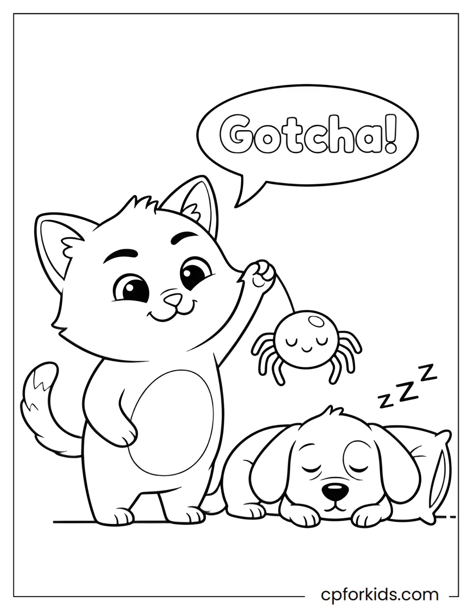 Cat dropping a fake spider onto a sleeping dog