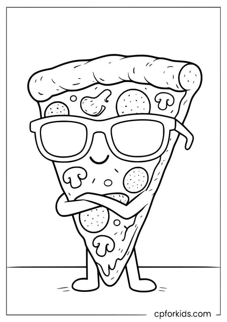 Funny pizza slice wearing sunglasses fast food coloring page for kids