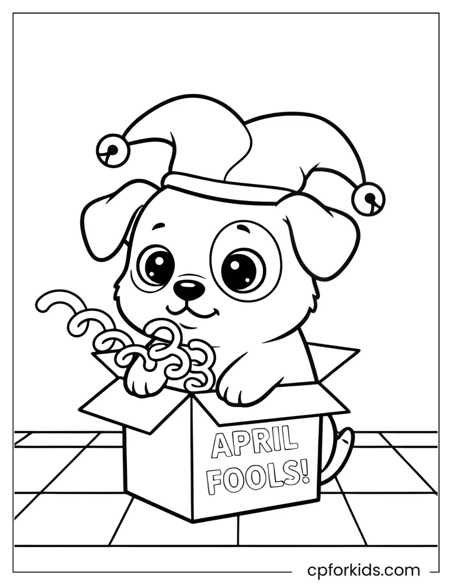 Puppy wearing a jester hat popping out of a surprise box