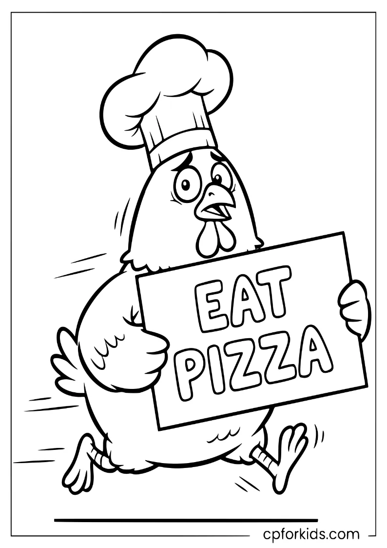 Chicken holding an "Eat Pizza" sign