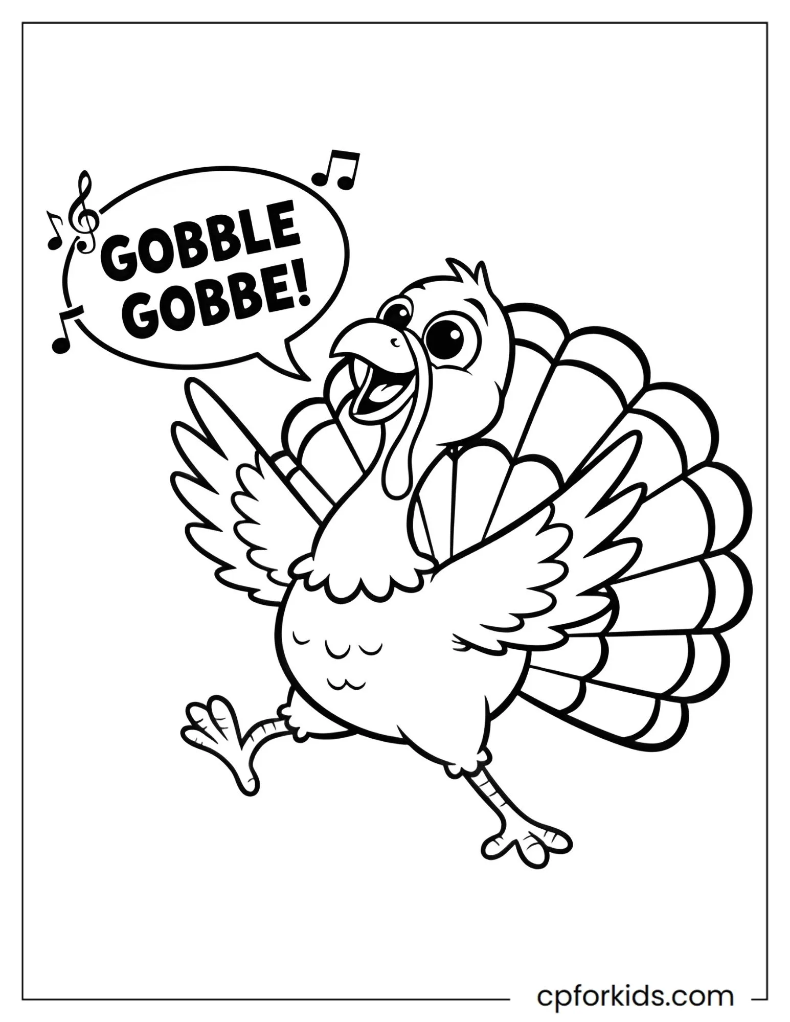 Dancing turkey beneath Gobble Gobble lettering and music notes