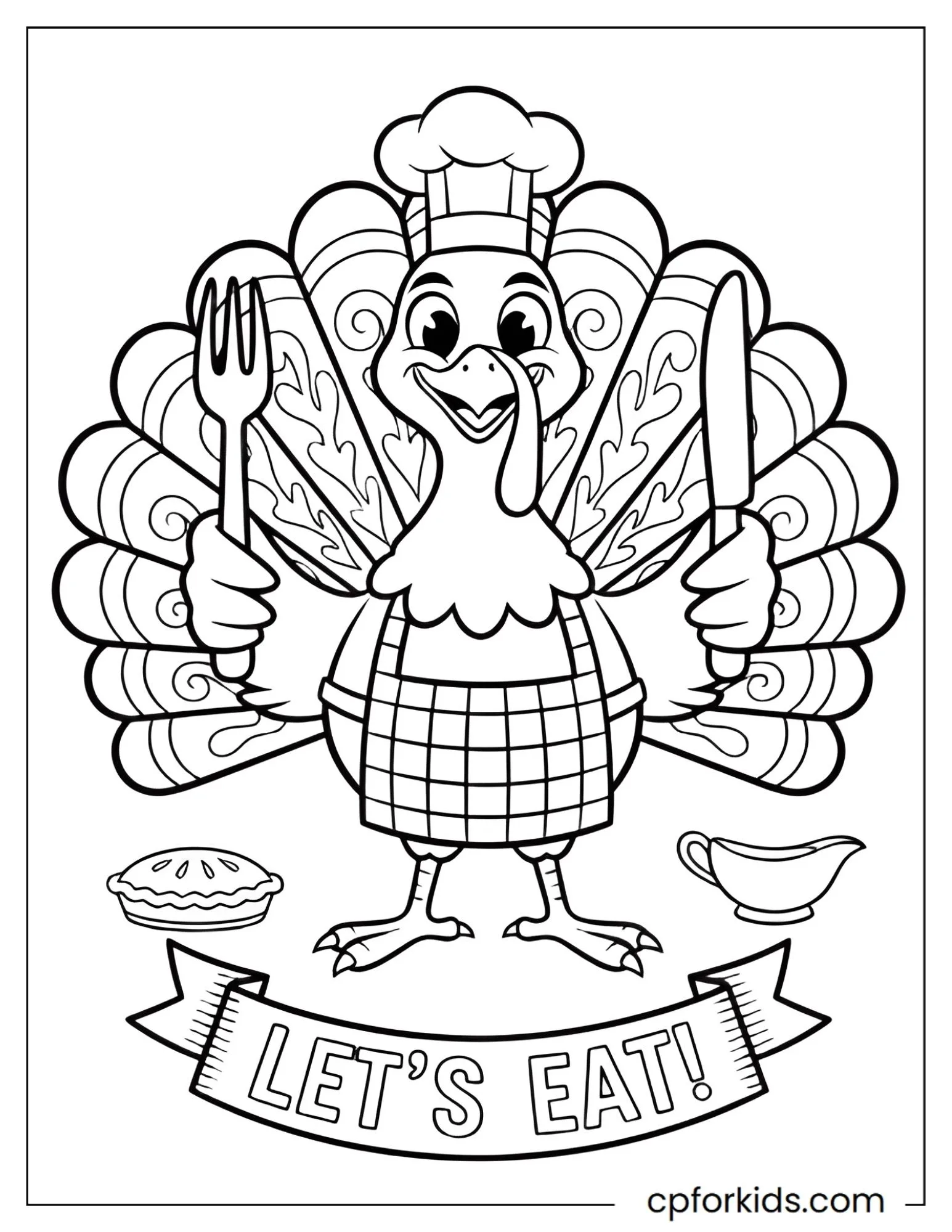 Turkey chef holding a knife and fork above lettering