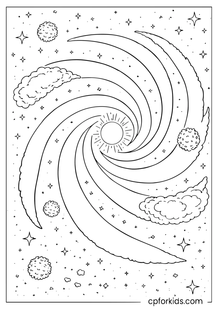 Galaxy coloring page with Milky Way spiral arms star clusters and nebula in deep space